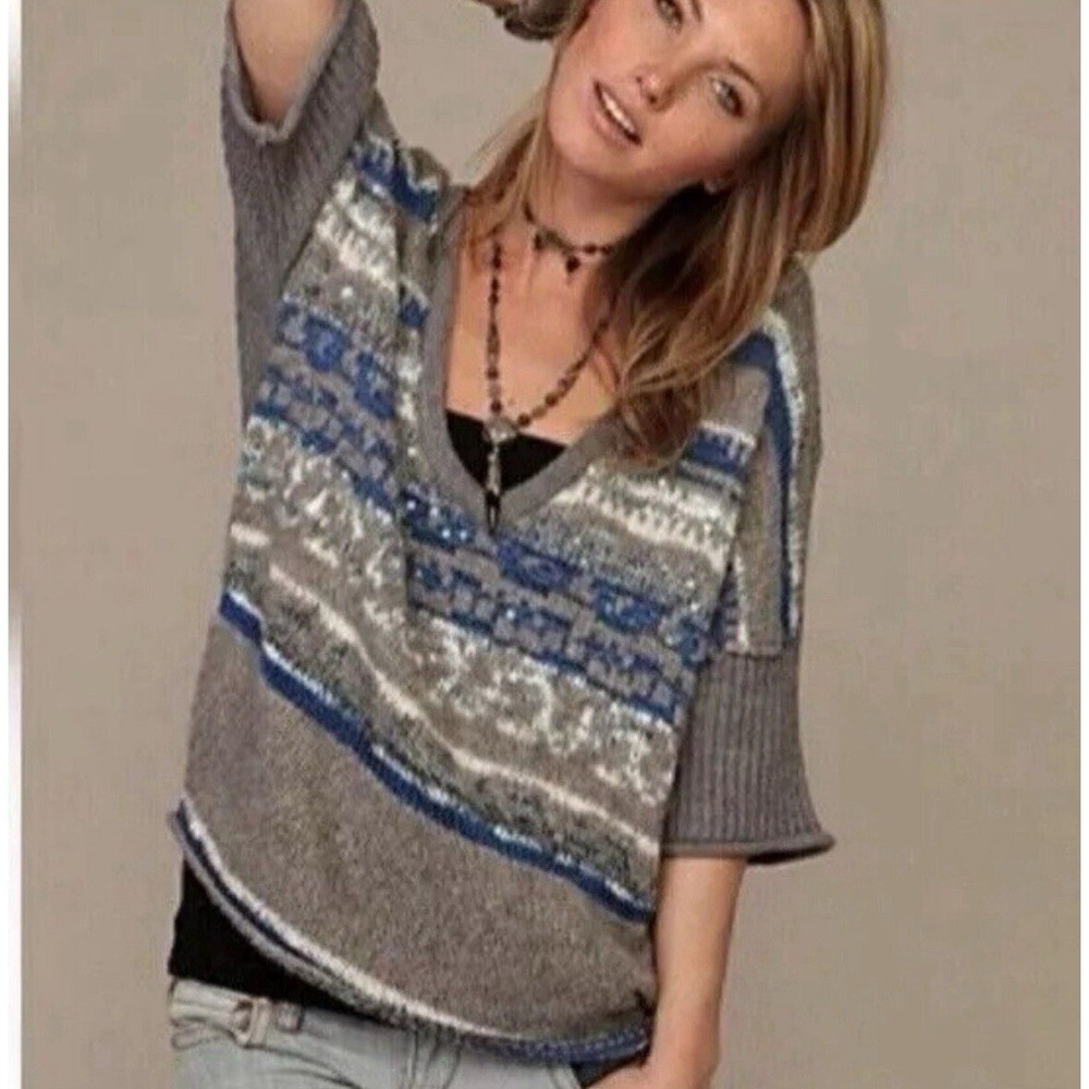 Free People Sweater Women Small Grey Blue Fair Isle Sequin Wool Angora Cozy